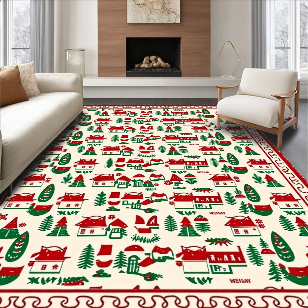 Red Green Village Houses Trees Border Rug