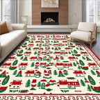 Red Green Village Houses Trees Border Rug