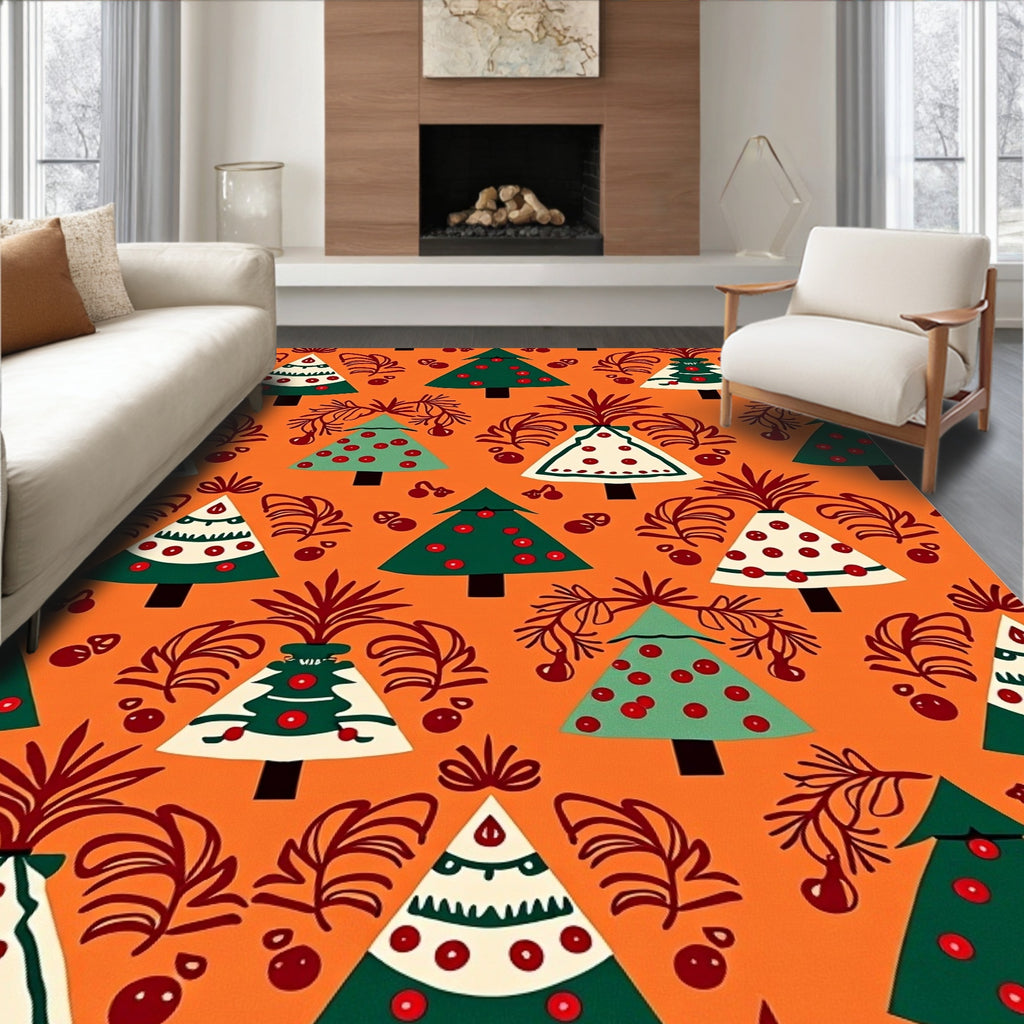 Festive Orange Evergreen Christmas Trees Rug