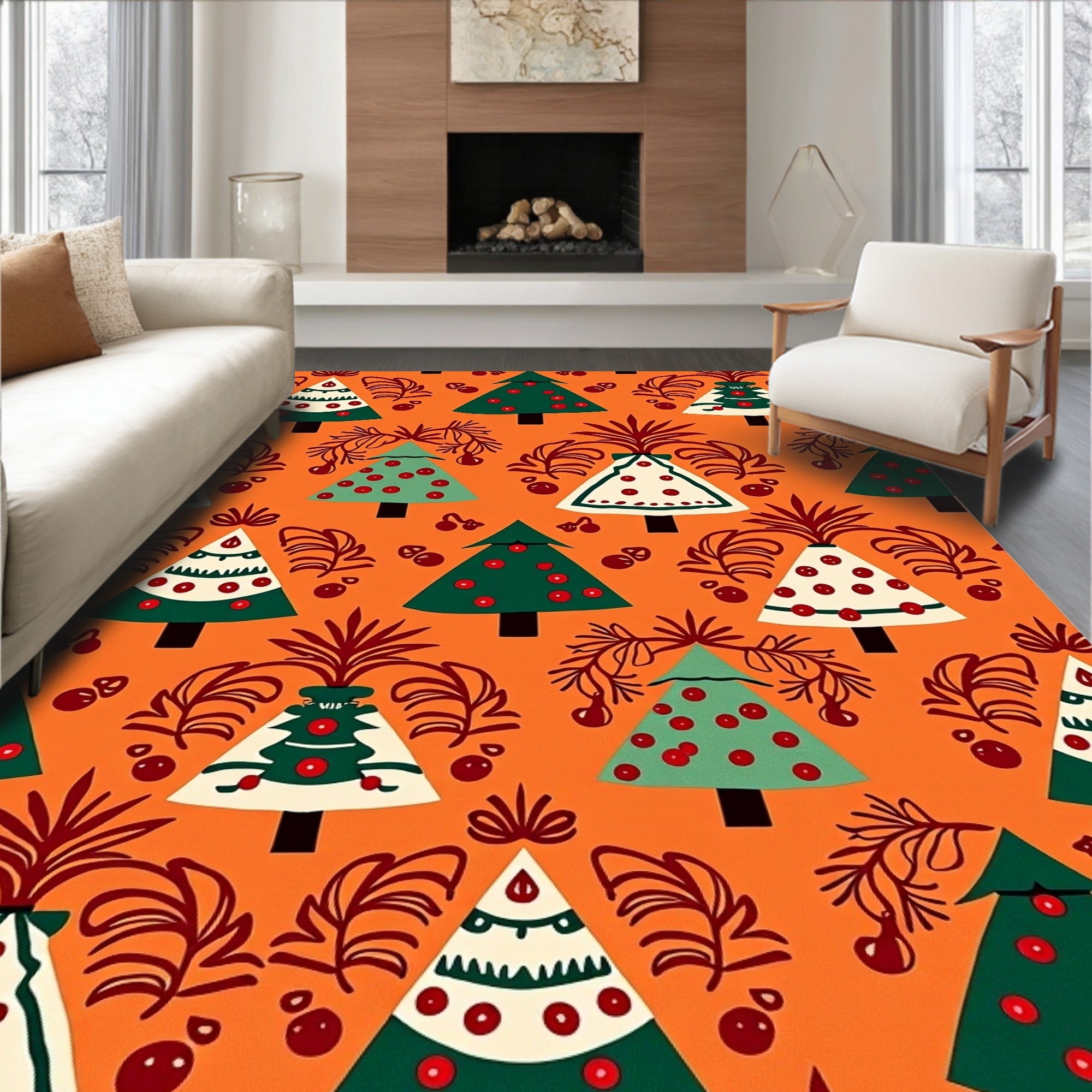 Festive Orange Evergreen Christmas Trees Rug