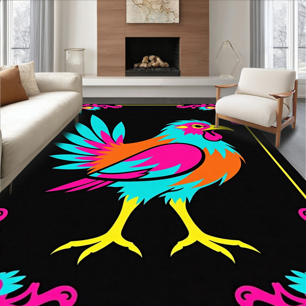 Vibrant Rooster Folk Art Rug