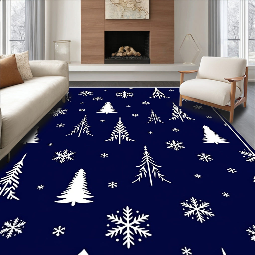 White Snowflakes Pine Trees Navy Rug