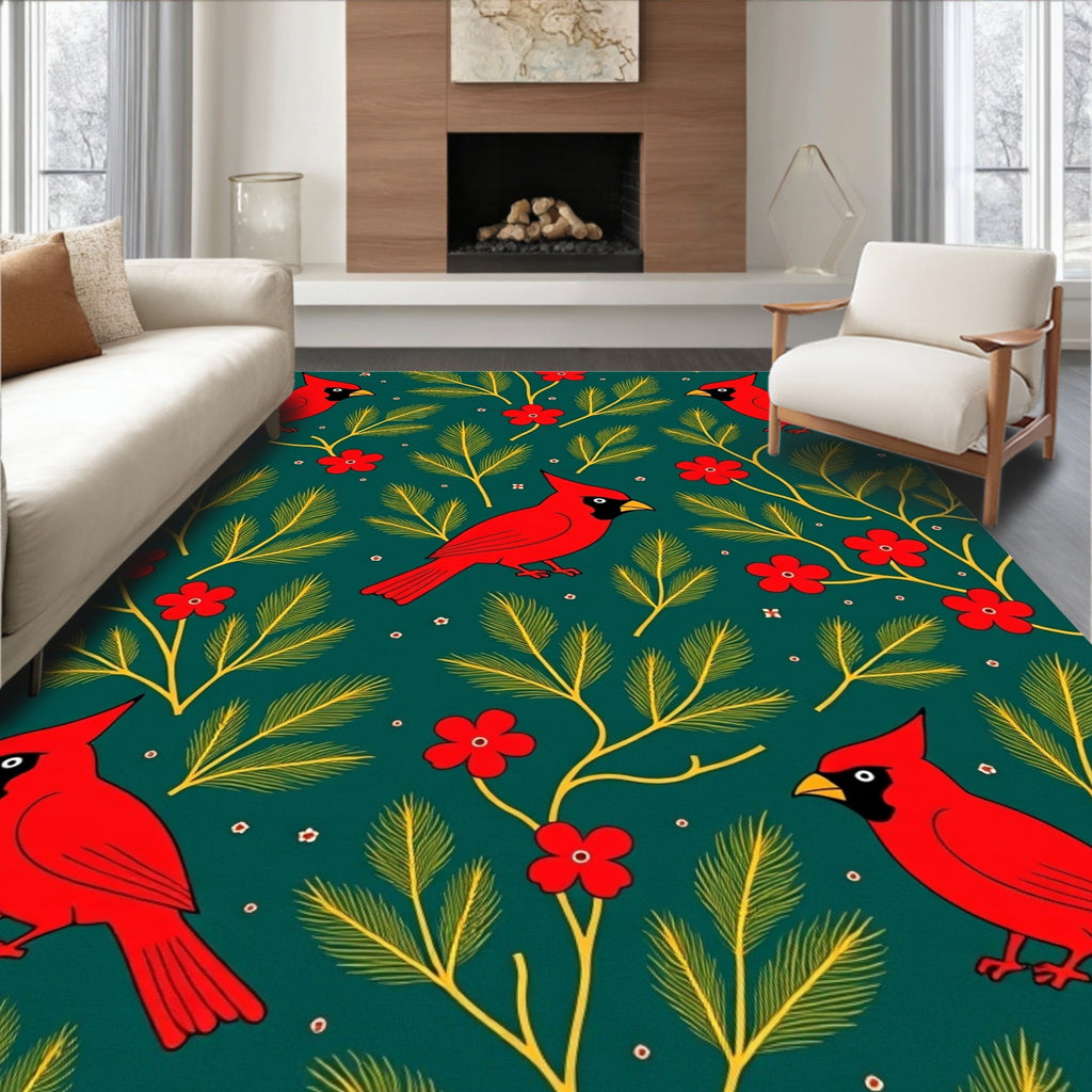 Vibrant Red Cardinal Floral Branch Rug