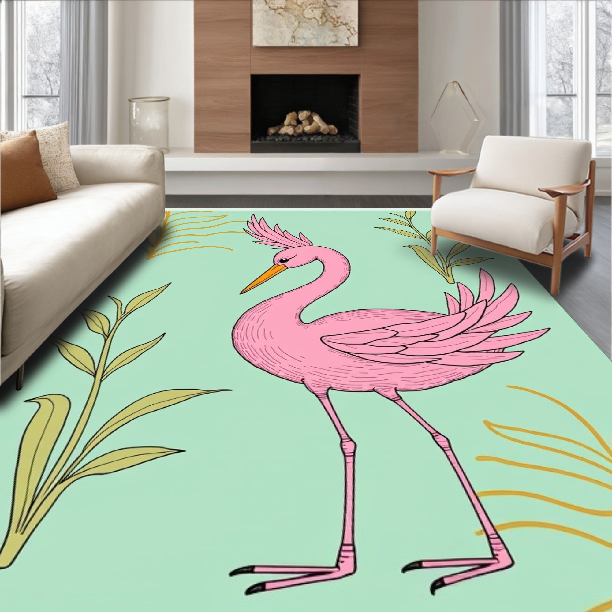 Pink Flamingo Tropical Foliage Rug