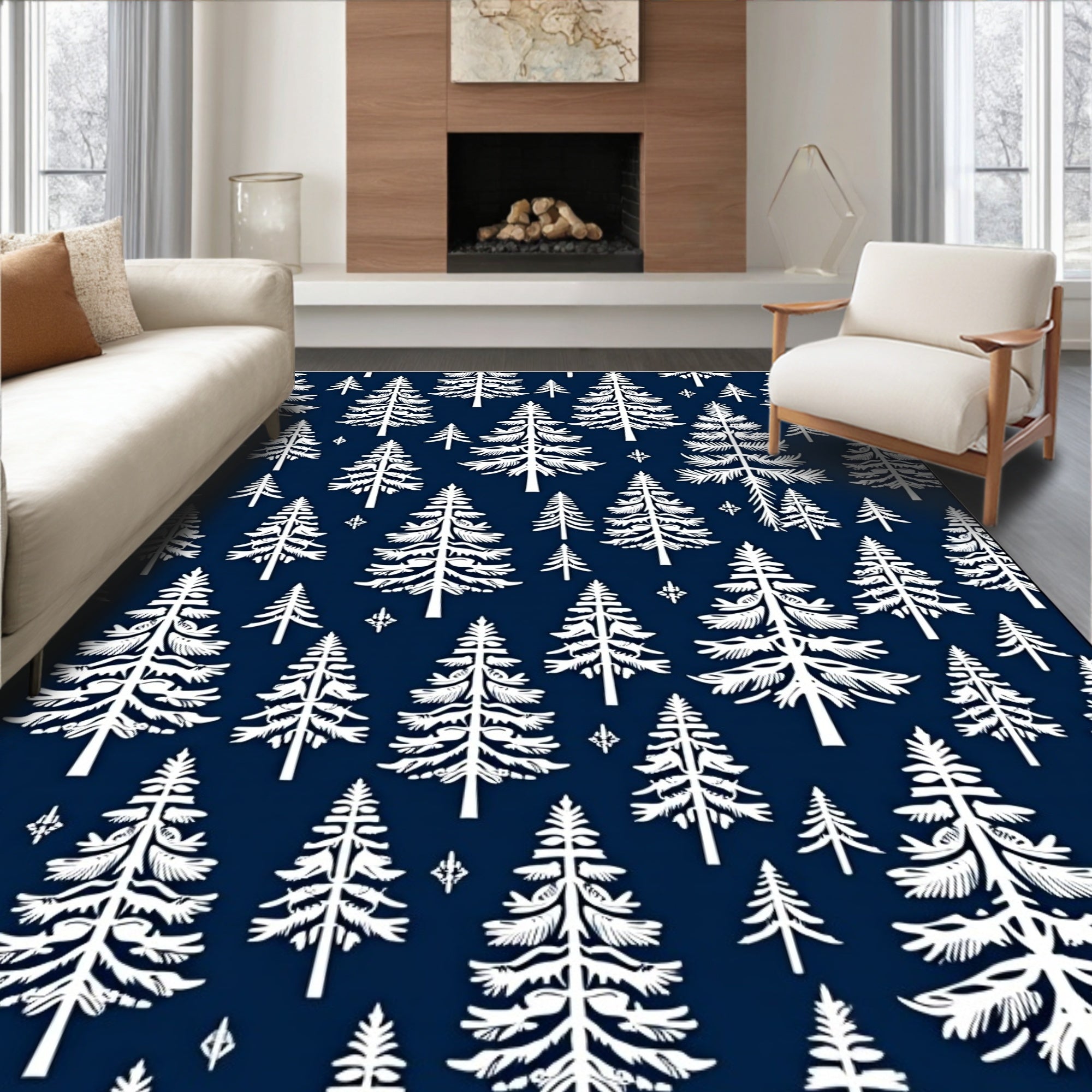 White Pine Forest Navy Background Rug