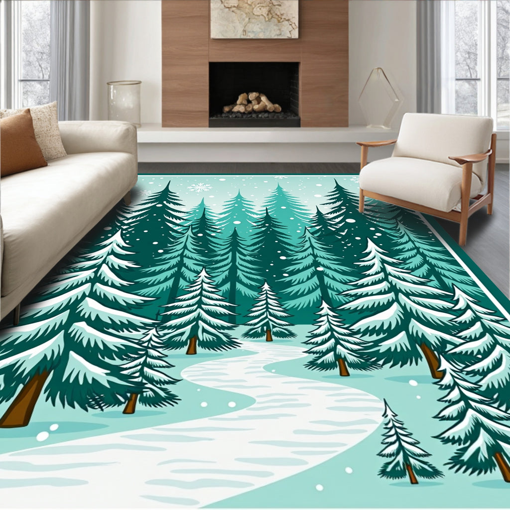 Winter Forest Snowy Evergreen Path Rug