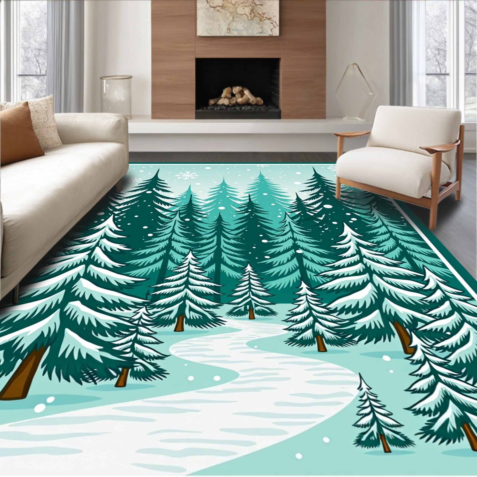Winter Forest Snowy Evergreen Path Rug