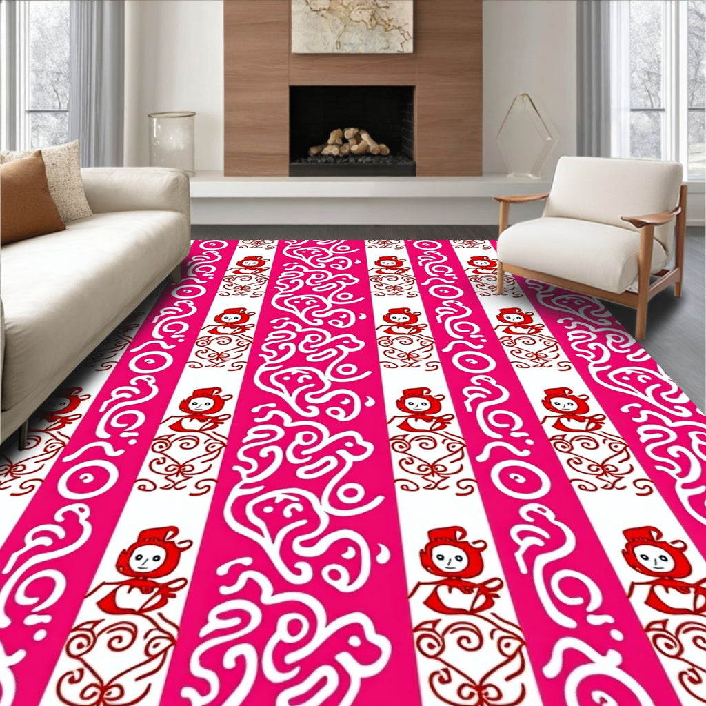 Pink White Whimsical Character Stripe Rug