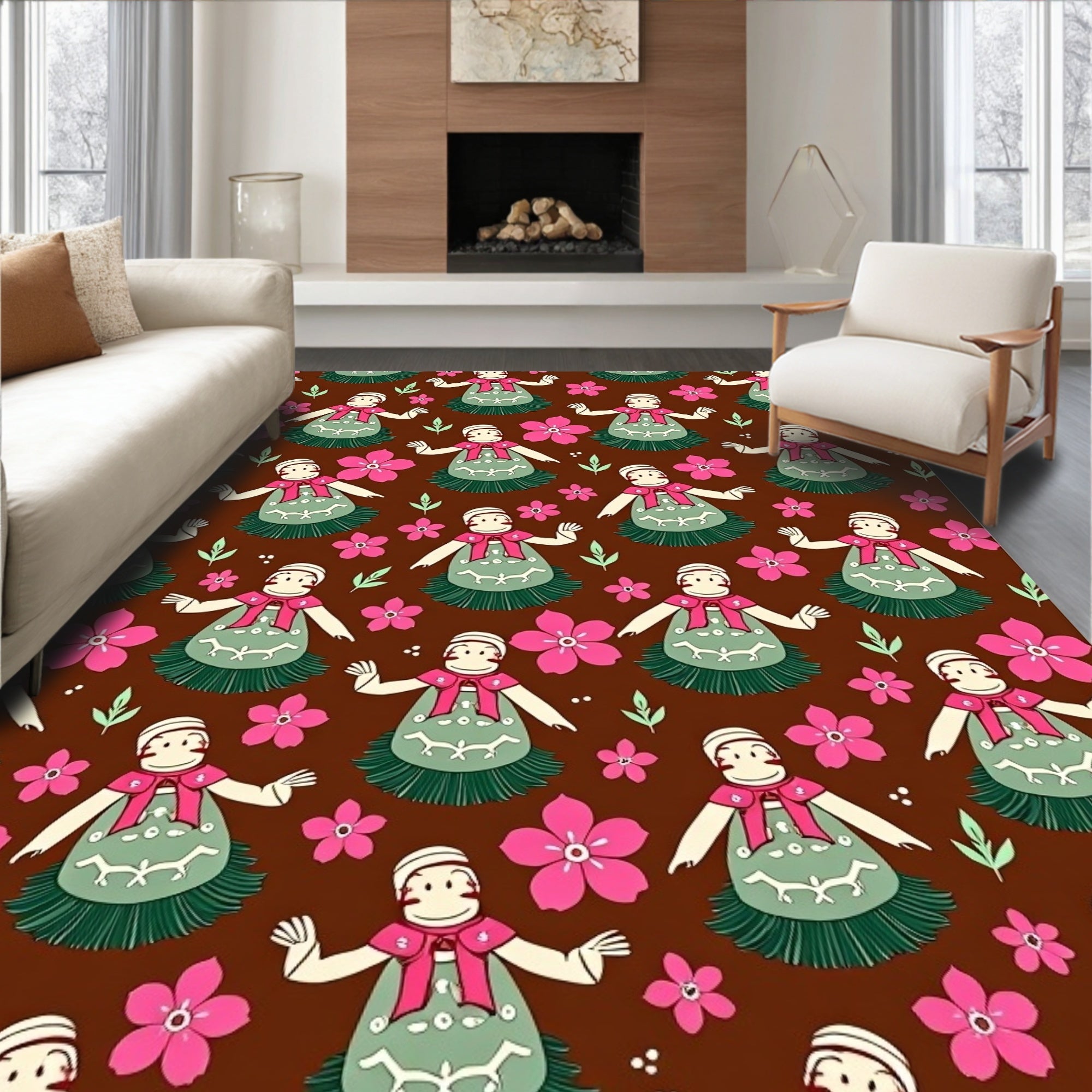 Retro Pink Floral Dancing Figures Rug