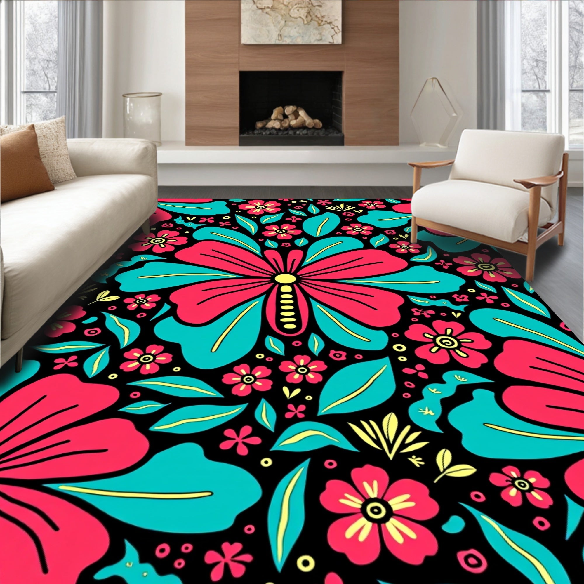 Vibrant Coral Teal Floral Butterfly Garden Rug