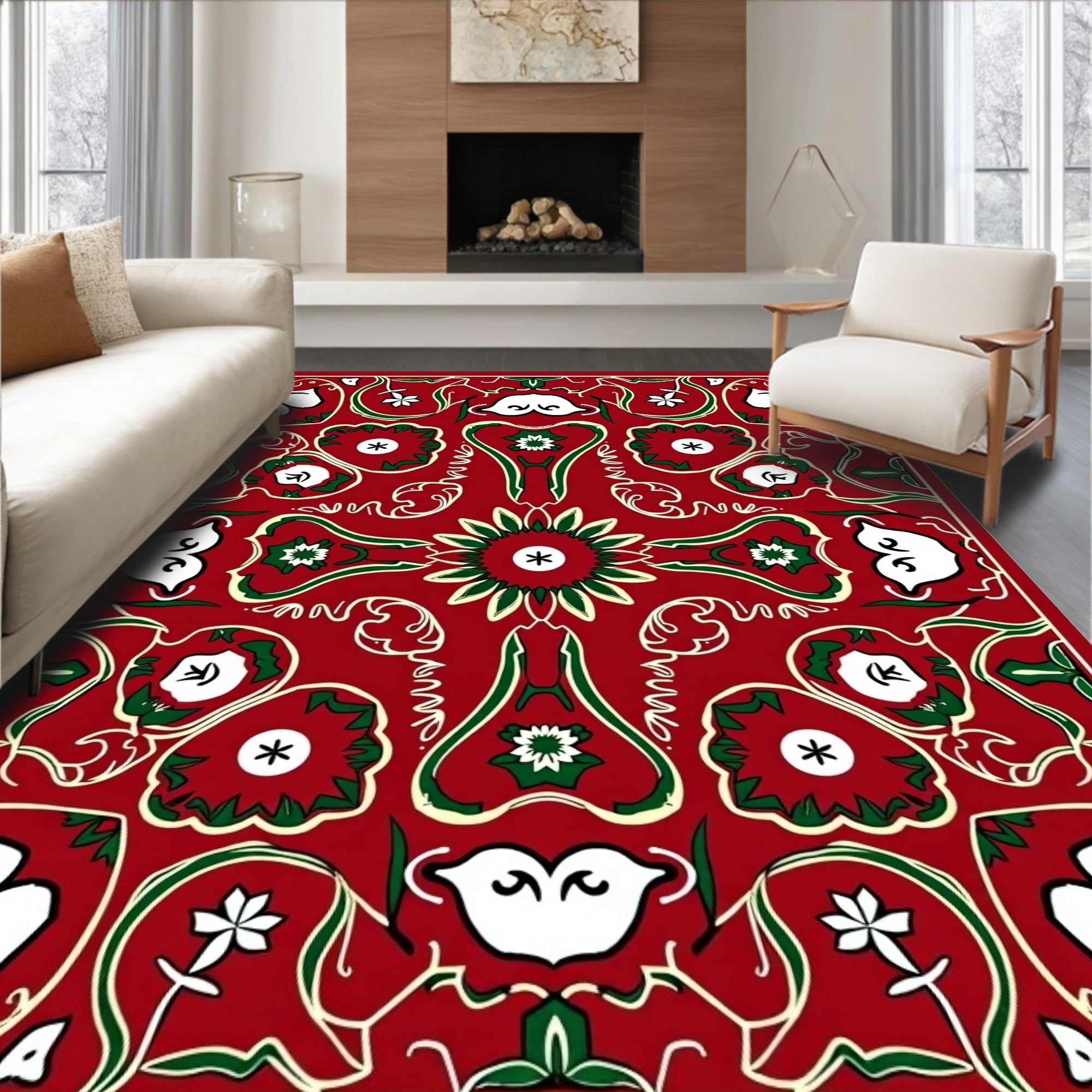 Crimson Green Floral Swirl Medallion Rug