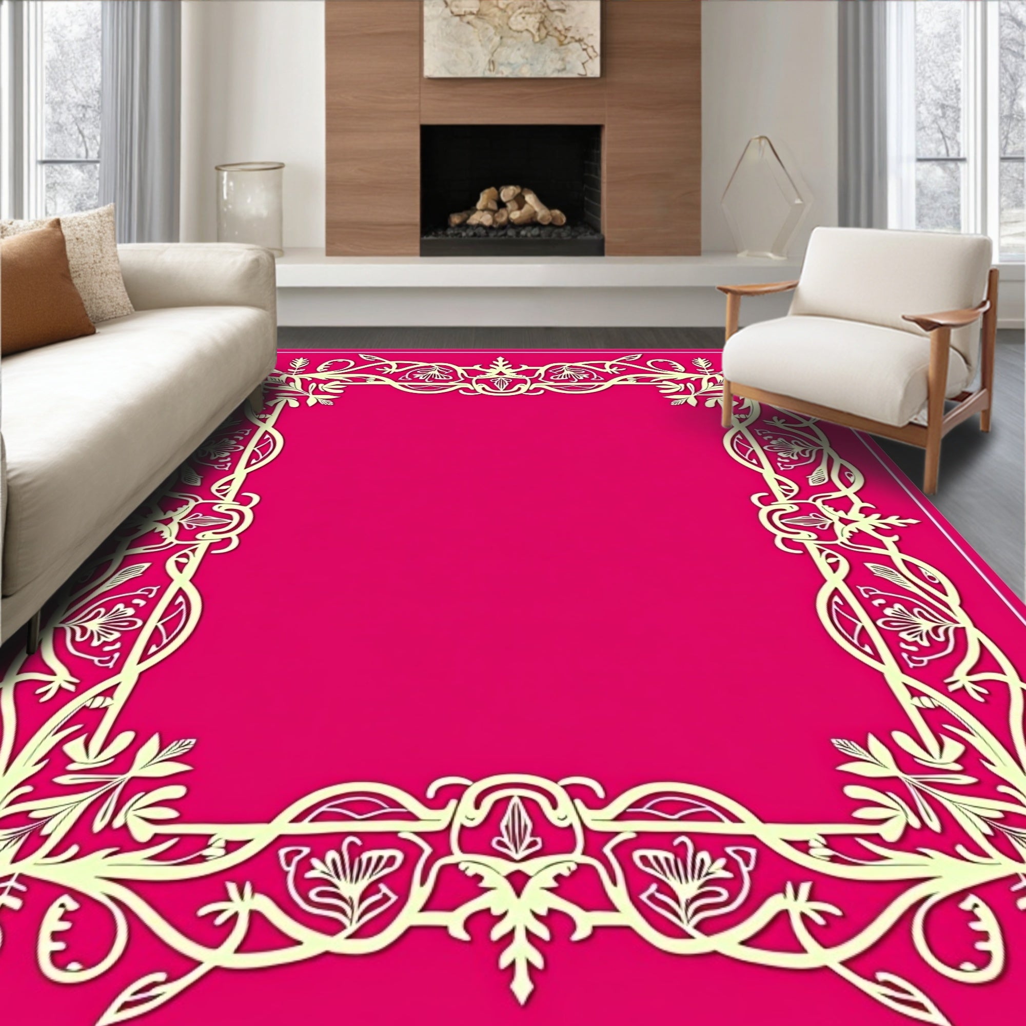 Baroque Ivory Floral Frame Rug