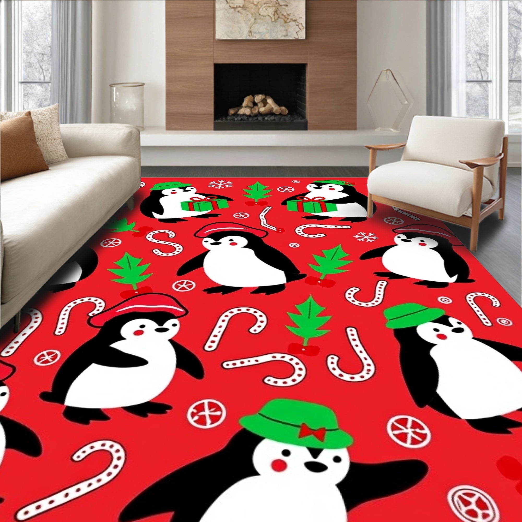 Christmas Penguins Candy Cane Holly Medley Rug
