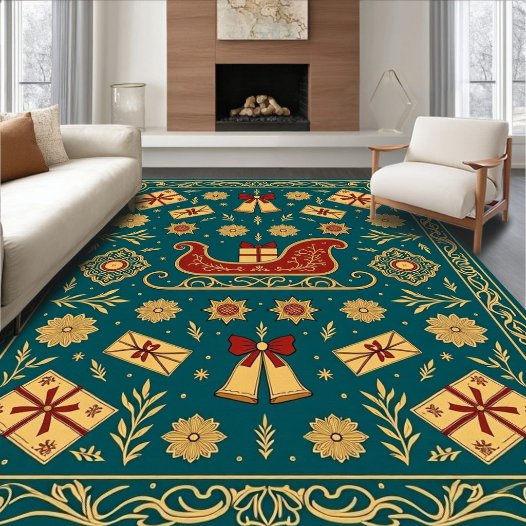 Teal Red Gold Sleigh Gift Bells Border Rug