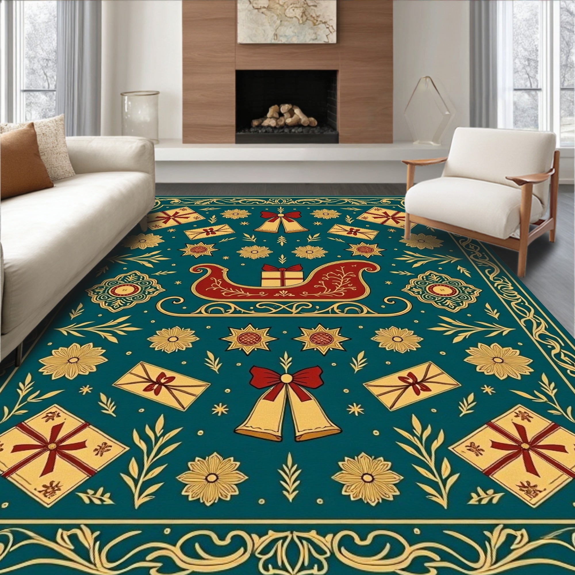 Teal Red Gold Sleigh Gift Bells Border Rug