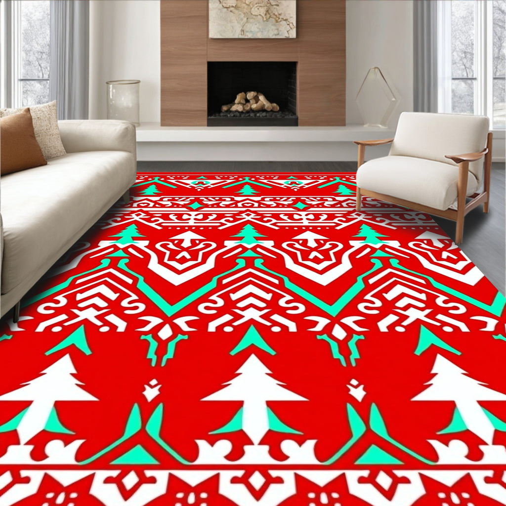 Bright Red Aqua White Festive Trees Rug