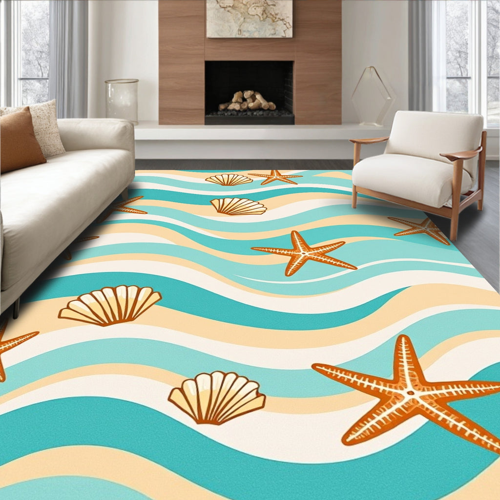 Orange Starfish Blue Wave Shells Rug