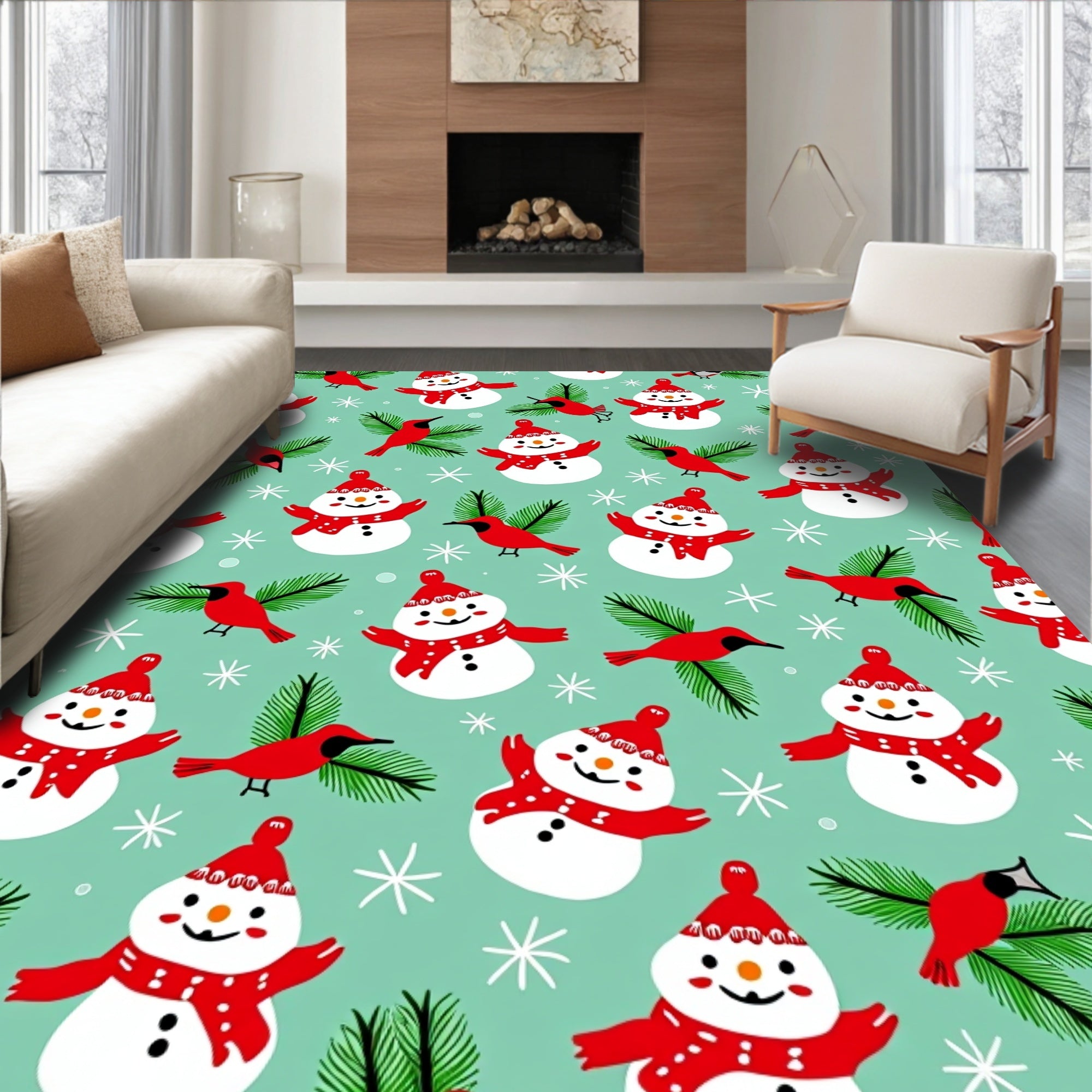 Whimsical Snowman Cardinal Christmas Rug