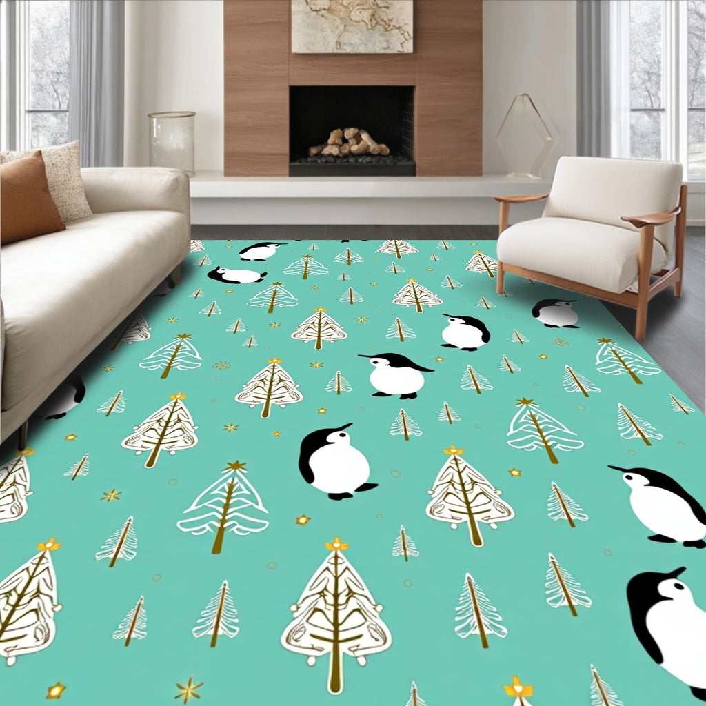 Aqua Penguin Christmas Trees Rug
