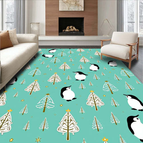 Aqua Penguin Christmas Trees Rug