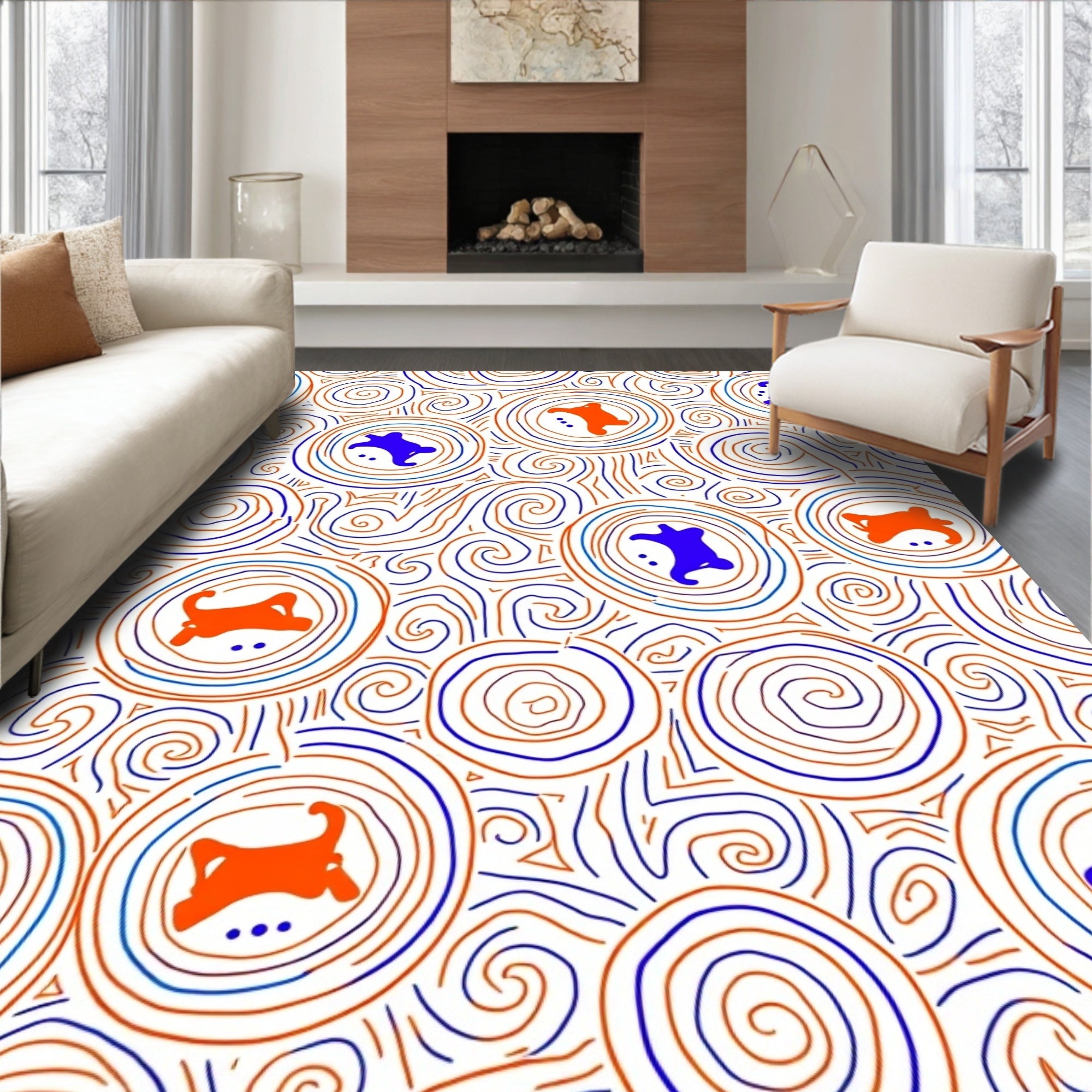 Orange Blue Swirl Animal Medallion Rug