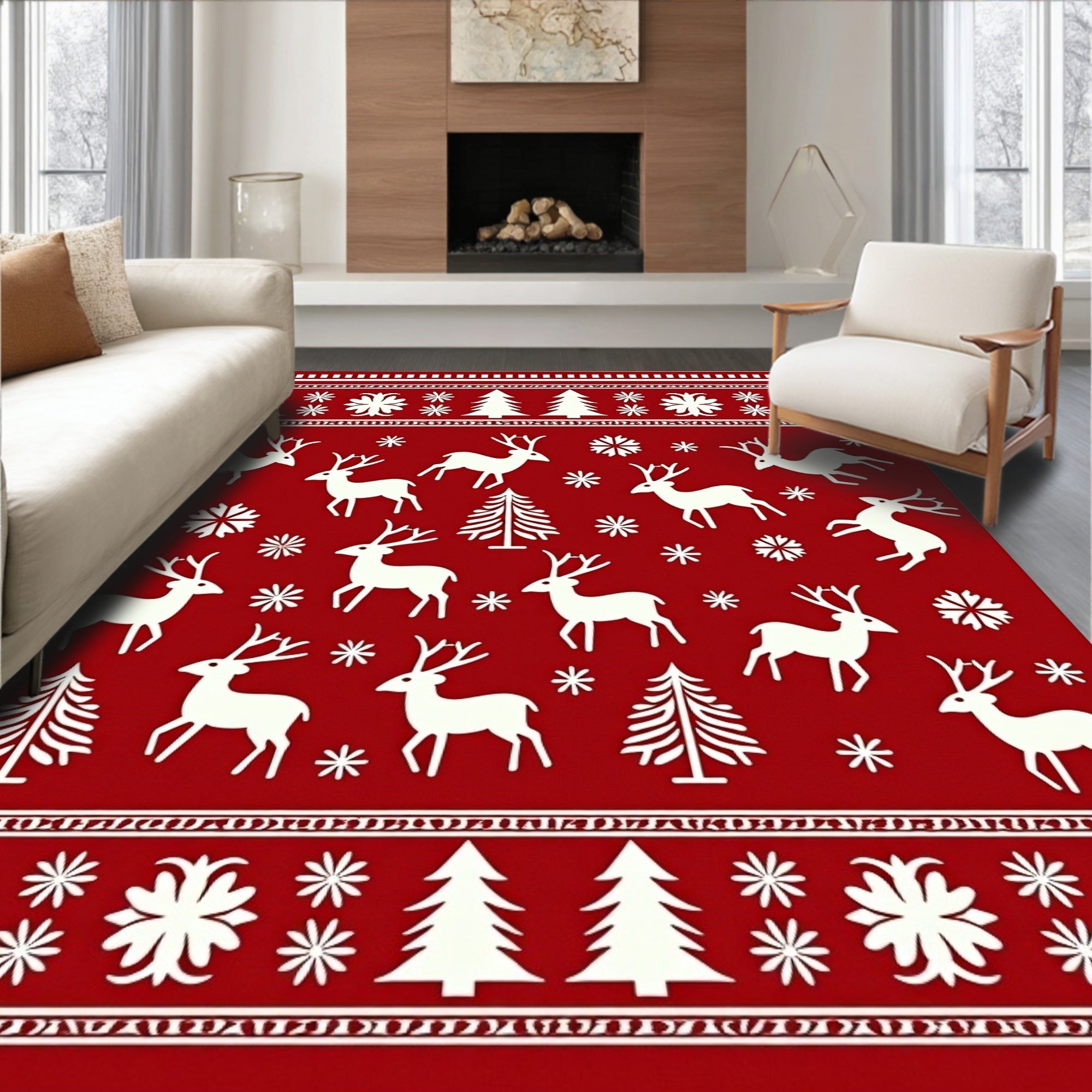 Christmas Reindeer Snowflake Forest Rug