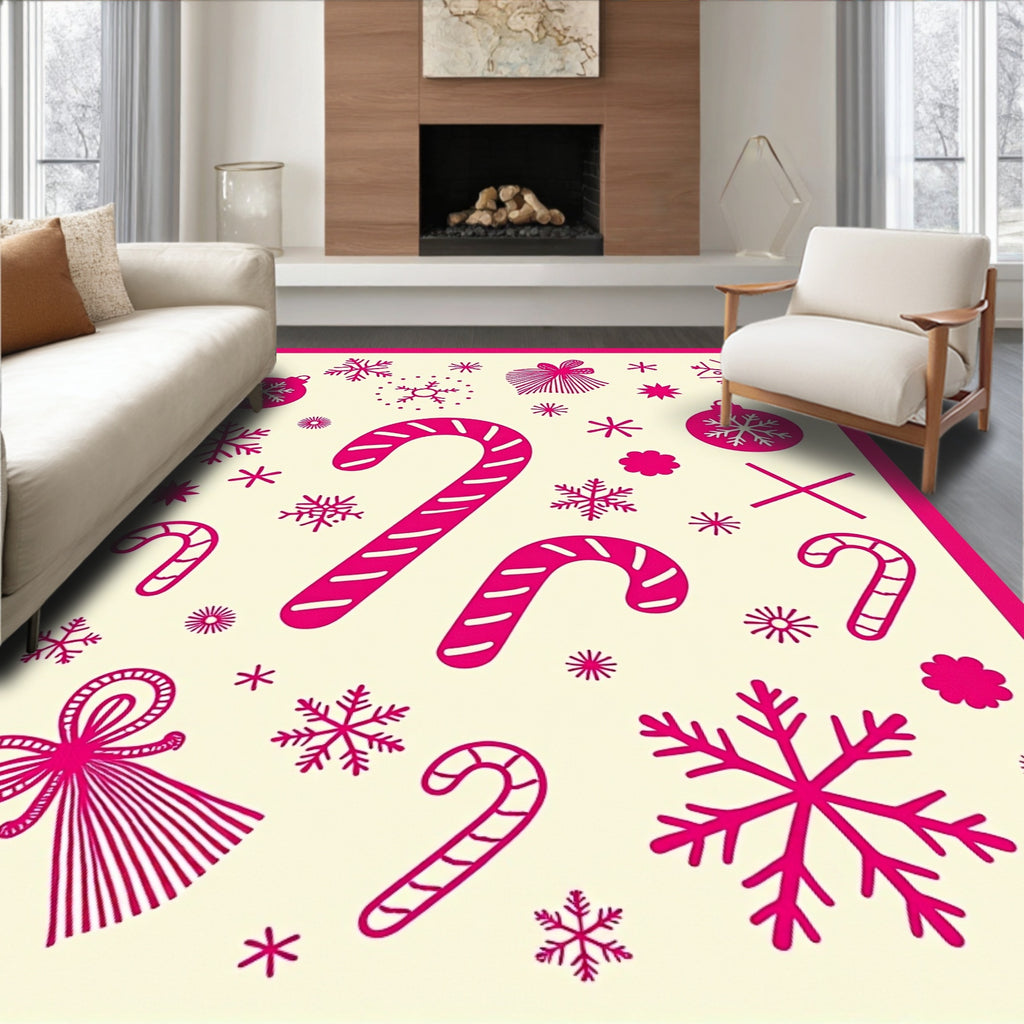 Whimsical Pink Candy Cane Snowflakes Rug