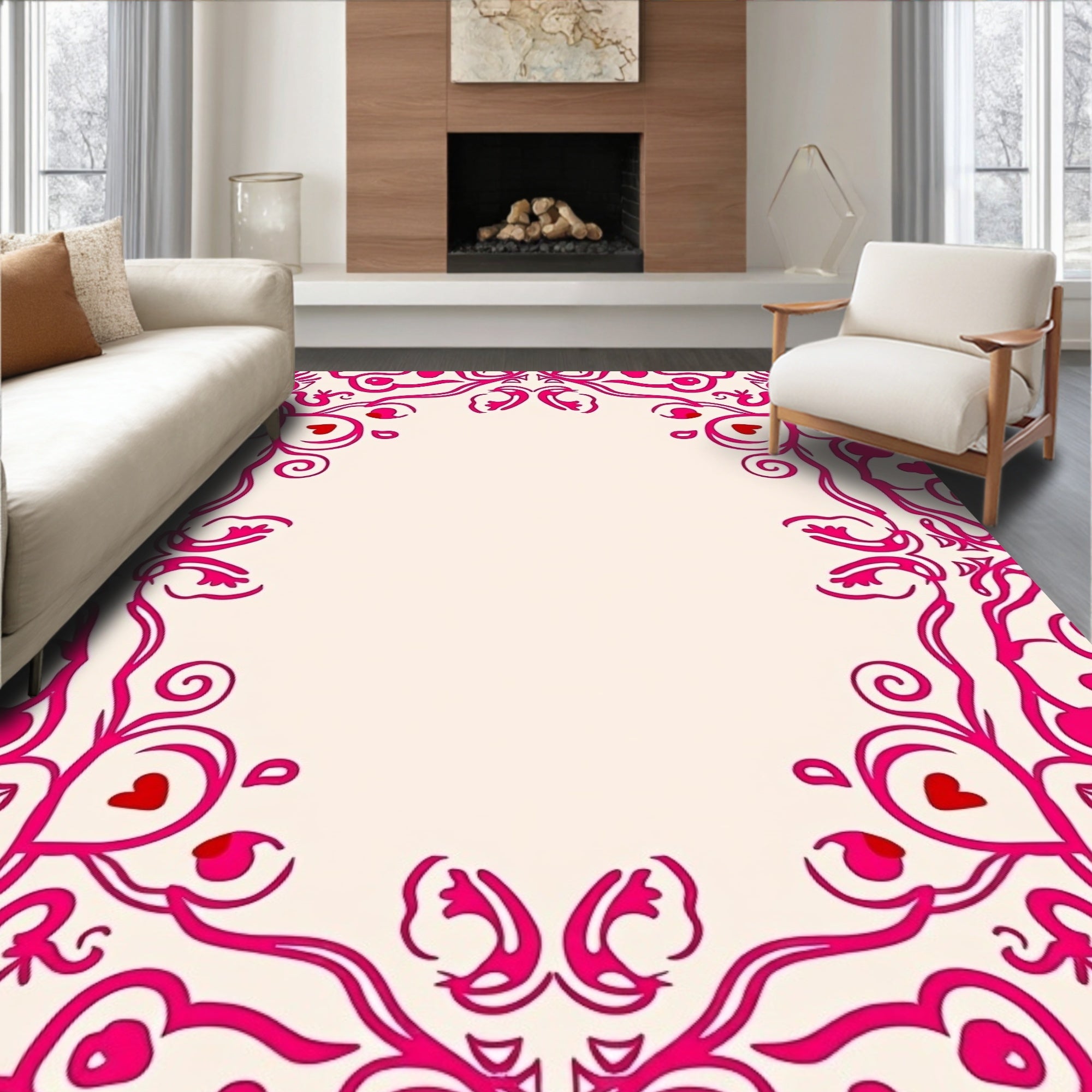 Vibrant Pink Floral Heart Swirl Border Rug