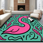 Pink Flamingo Feathered Teal Square Art Rug
