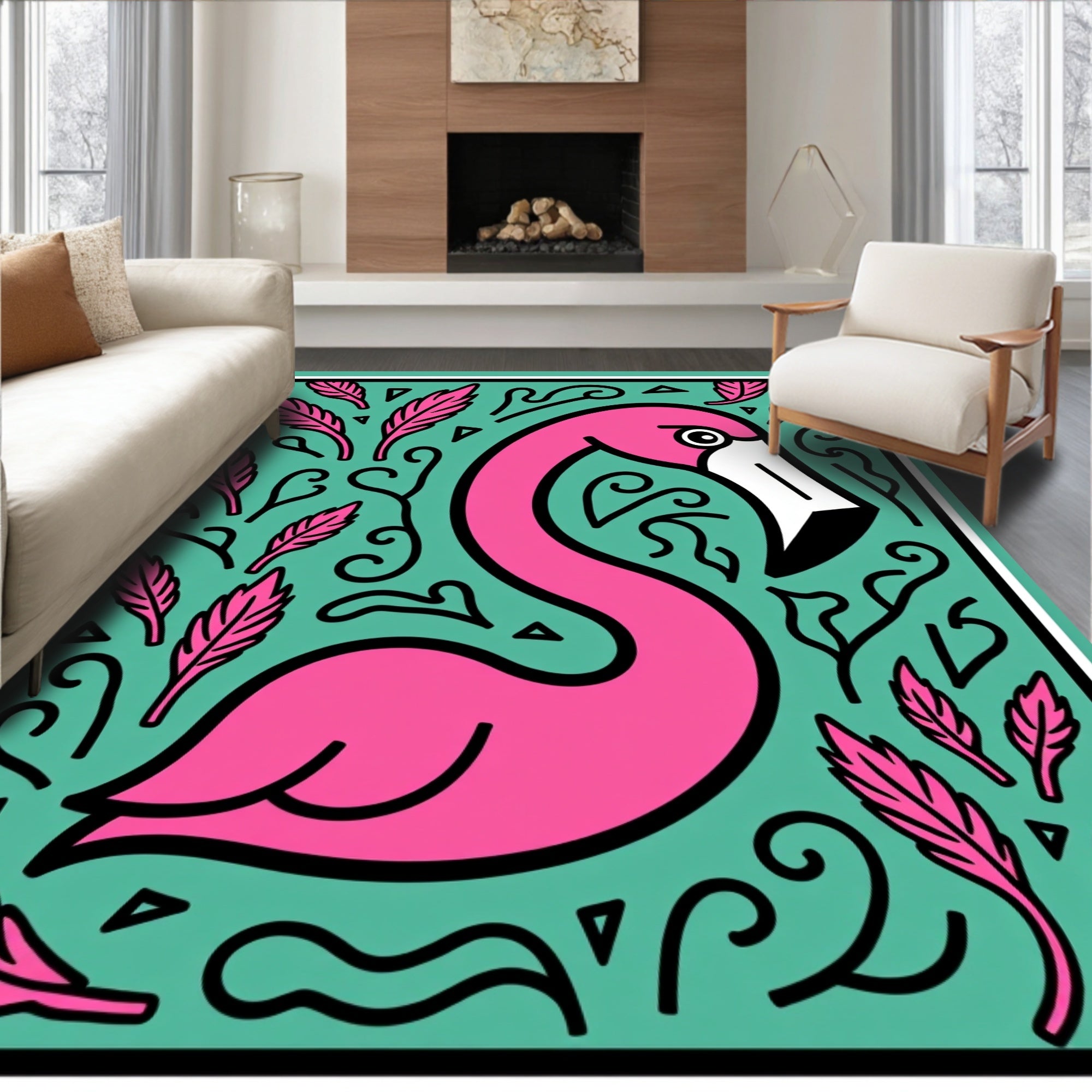 Pink Flamingo Feathered Teal Square Art Rug
