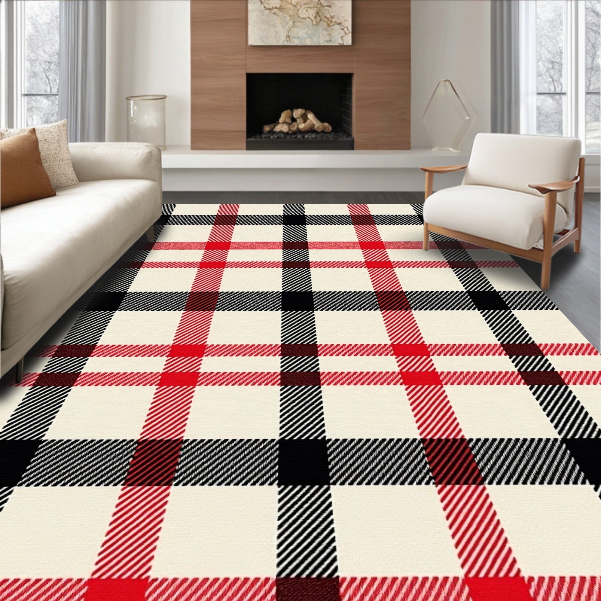Classic Red Black Cream Plaid Checkered Rug