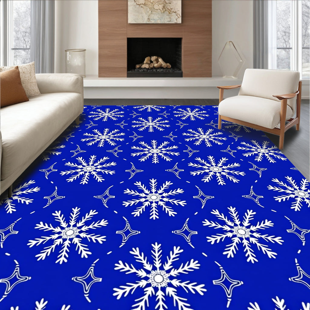 White Snowflake Winter Blue Rug