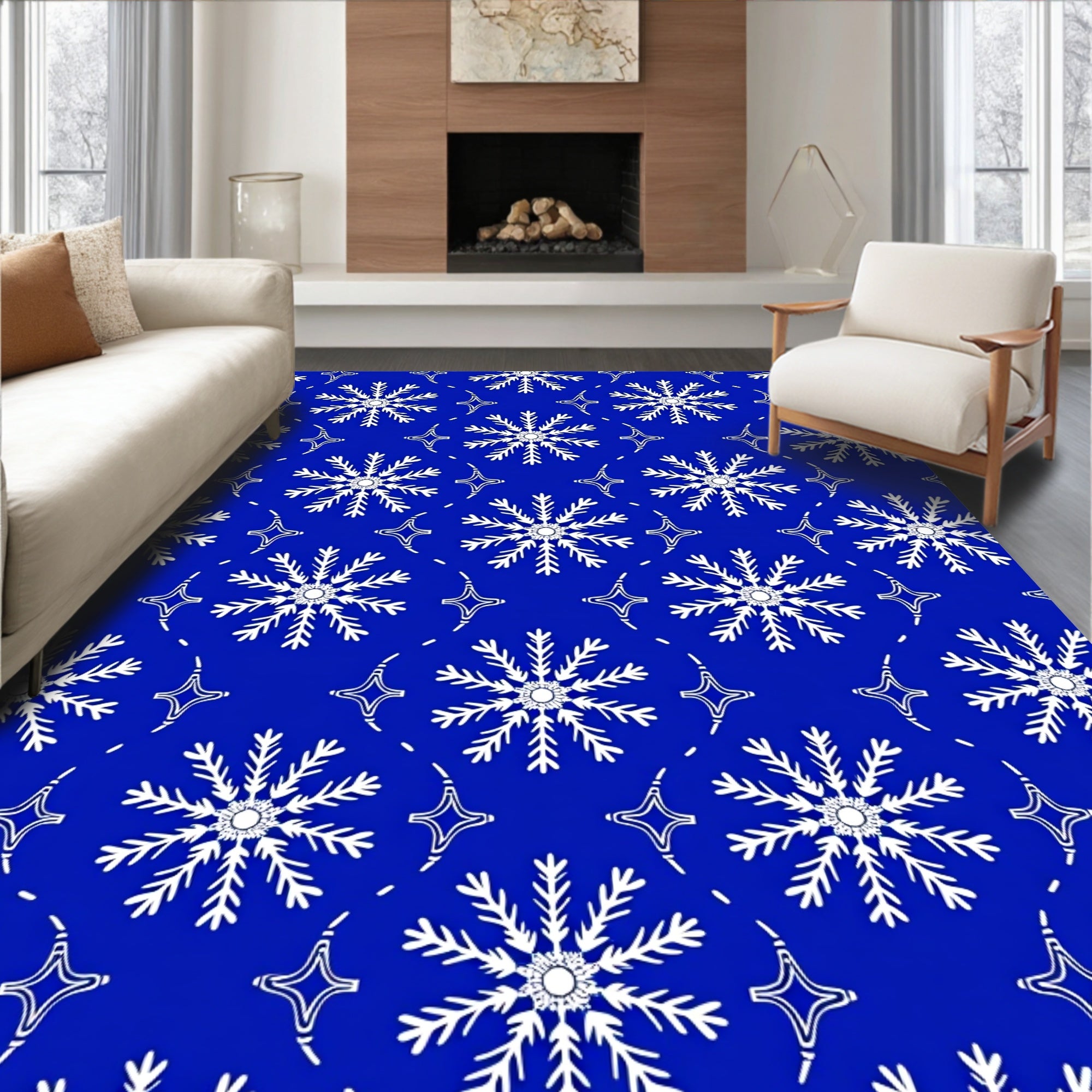 White Snowflake Winter Blue Rug