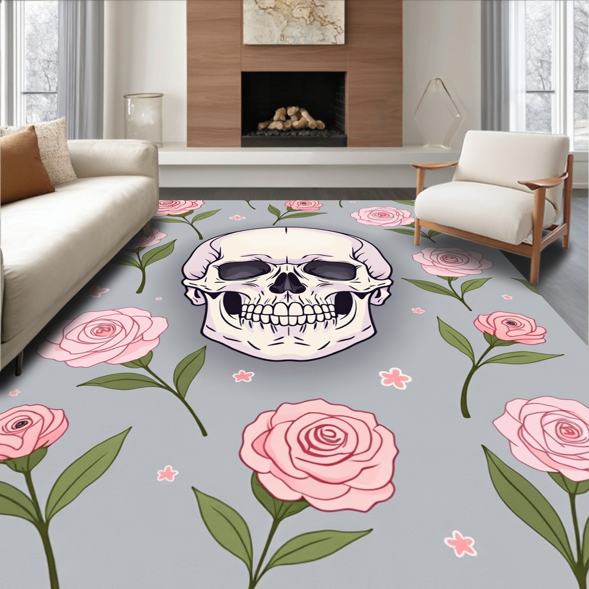 Pale Skull Pink Rose Garden Gray Rug