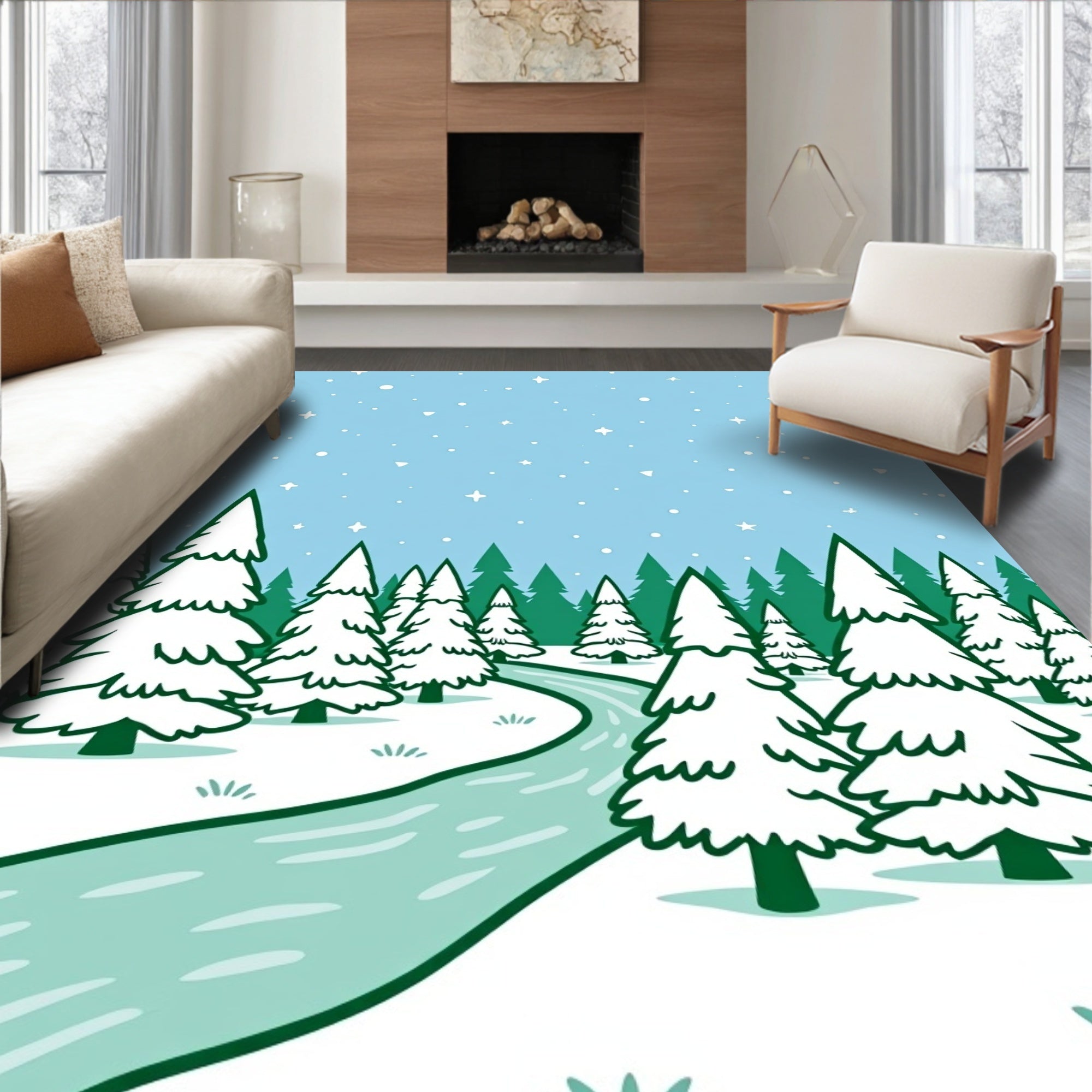 Winter Forest Snowfall Stream Rug