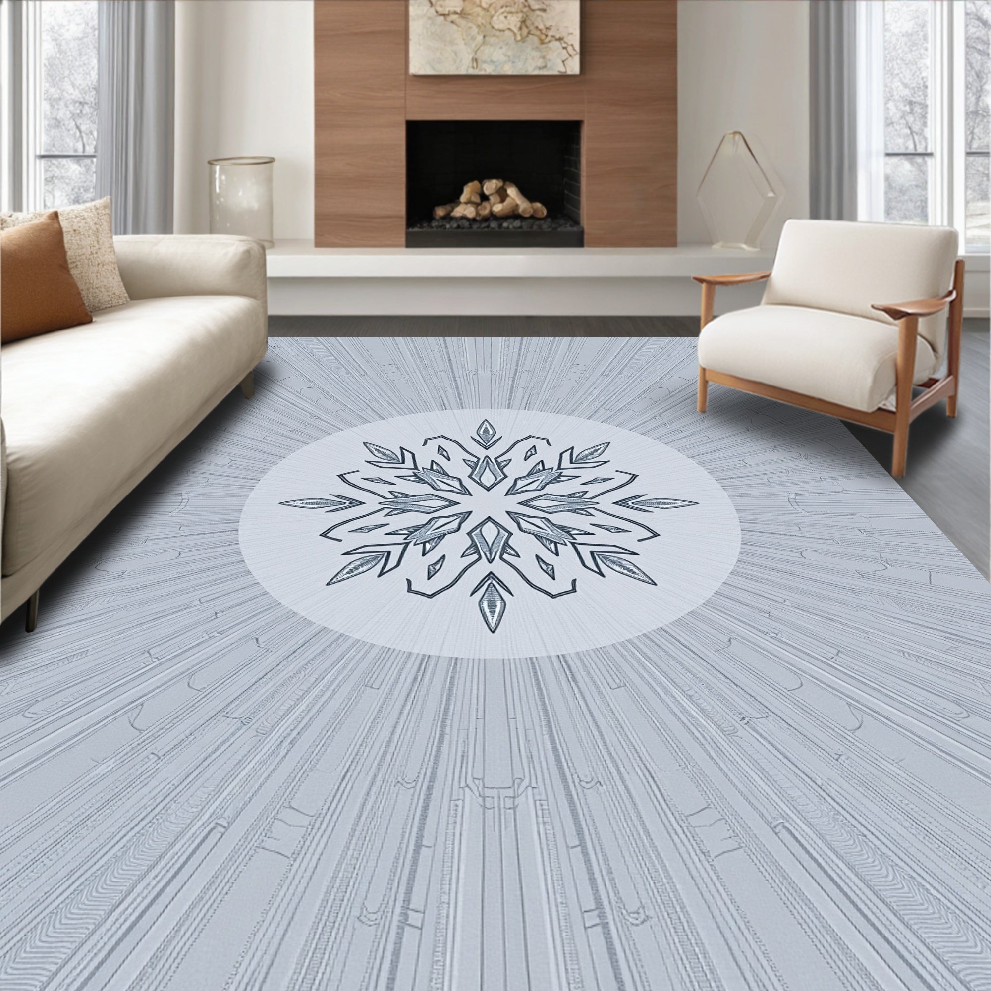 Icy Blue Snowflake Sunburst Rug