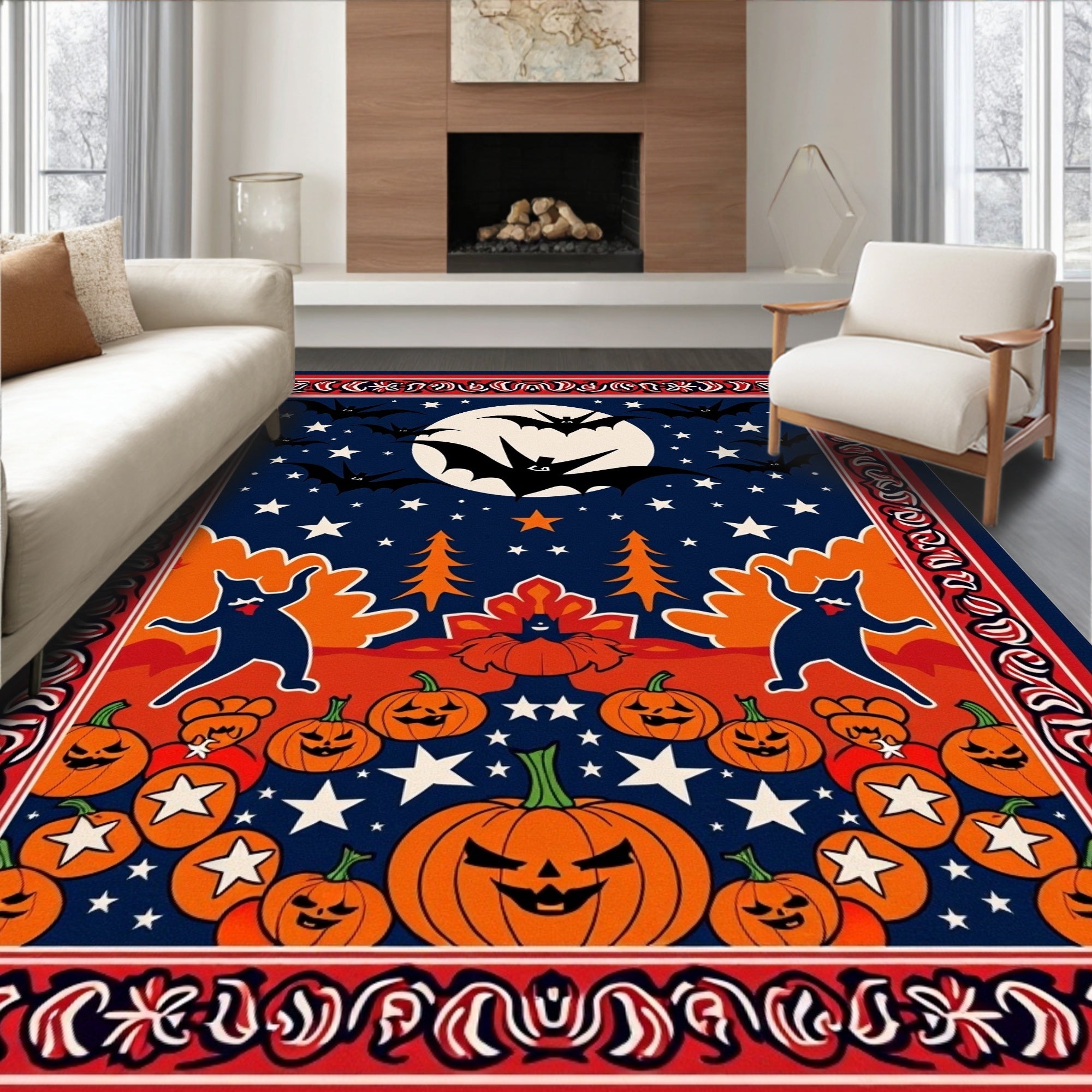 Spooky Night Halloween Bat Pumpkin Border Rug