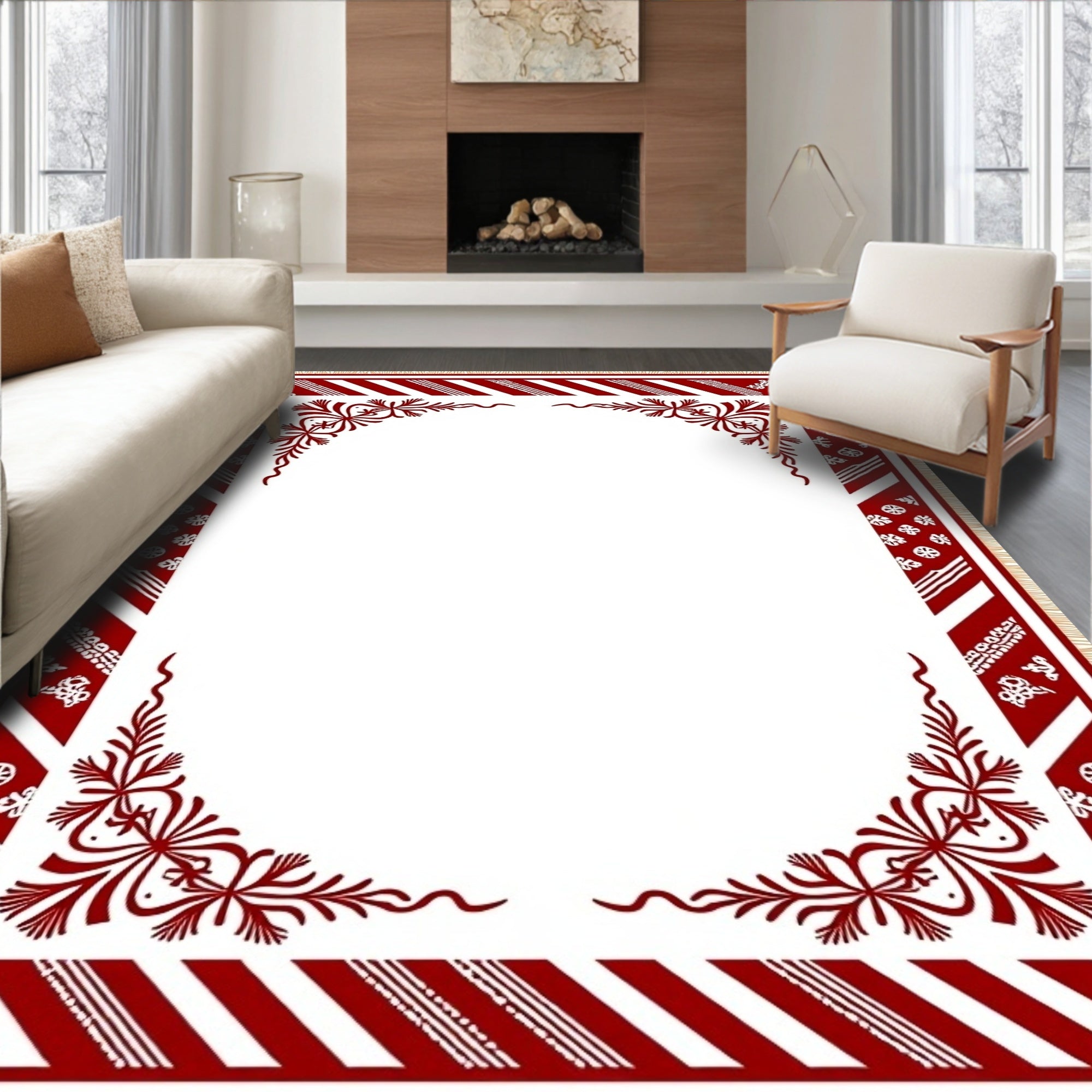 Rich Crimson Floral Bordered Stripped Rug