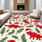 Red Dinosaur Christmas Santa Hats Ferns Rug