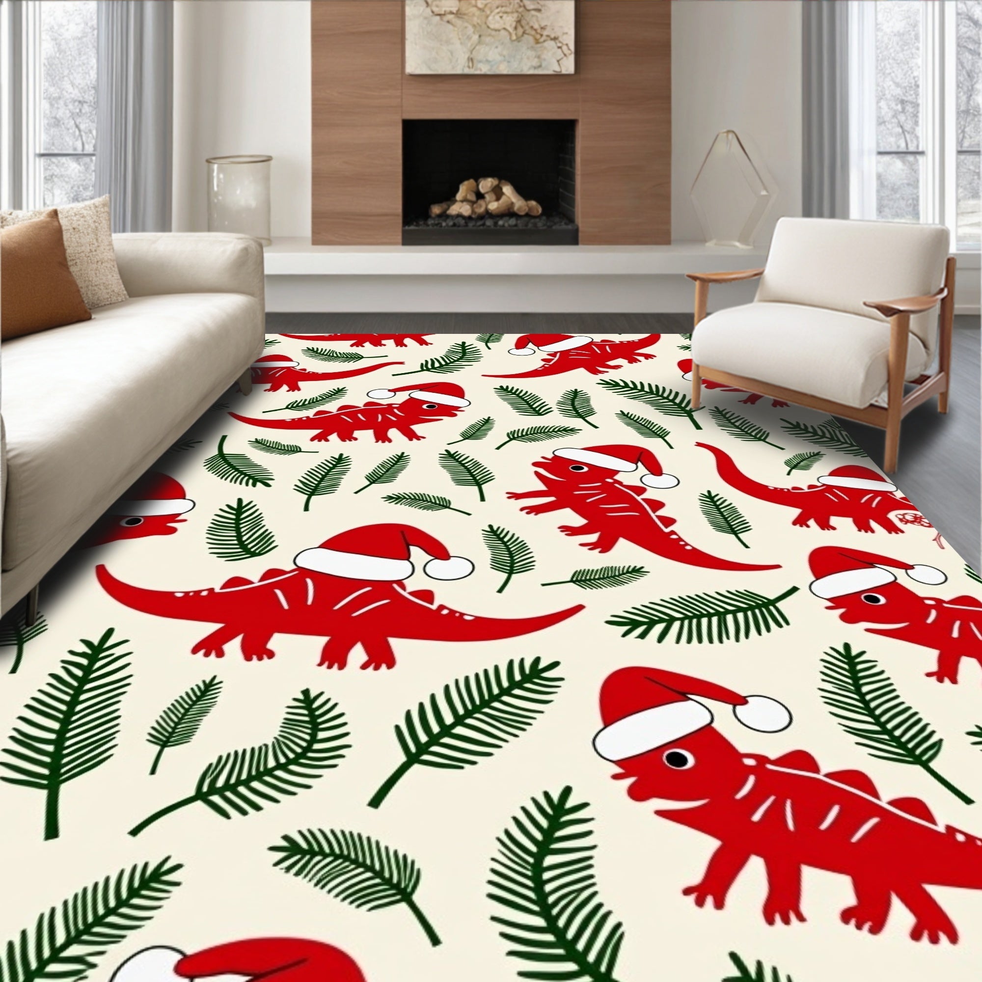 Red Dinosaur Christmas Santa Hats Ferns Rug