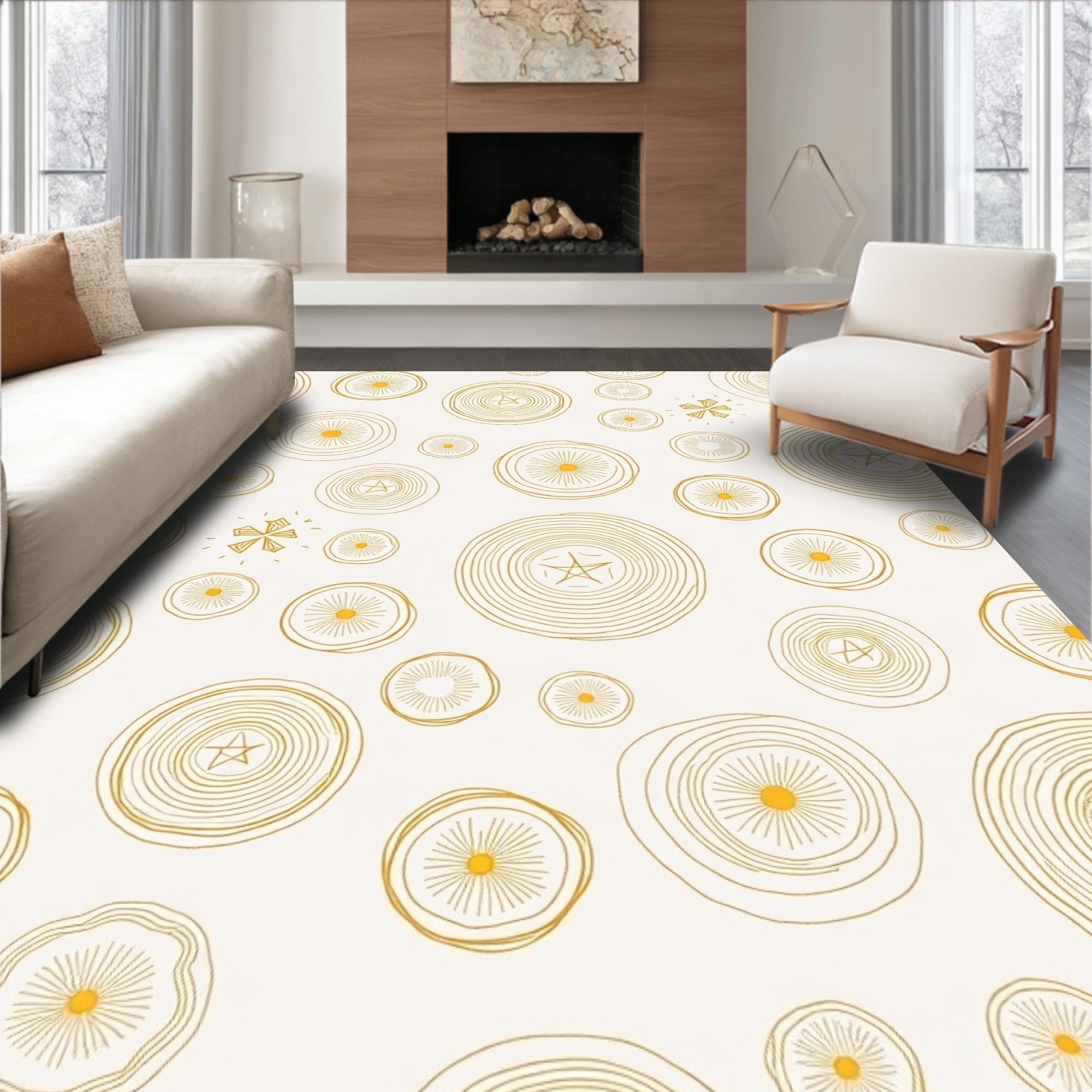 Golden Sunburst Circles Contemporary Rug