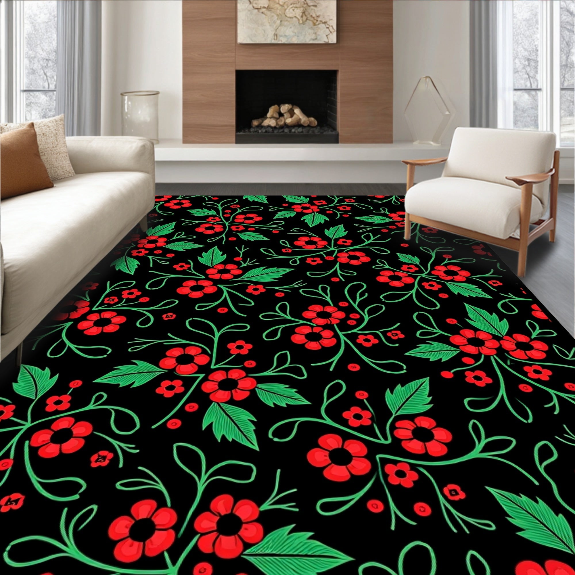 Red Green Floral Vine Repeating Rug