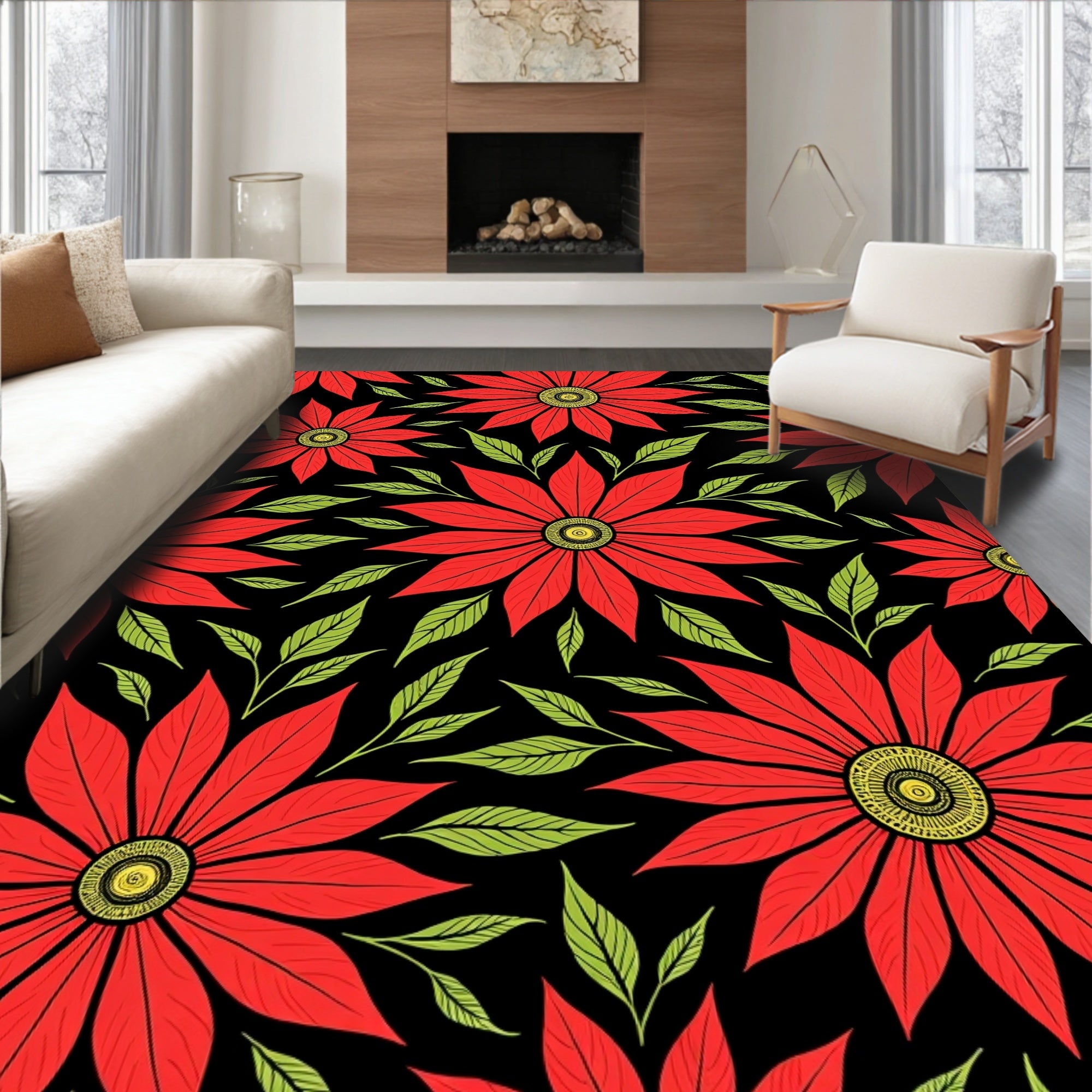 Bold Red Floral Foliage Rug