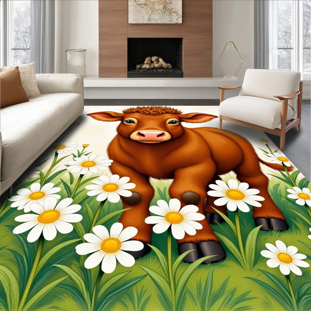 Brown Calf Among White Daisies Rug
