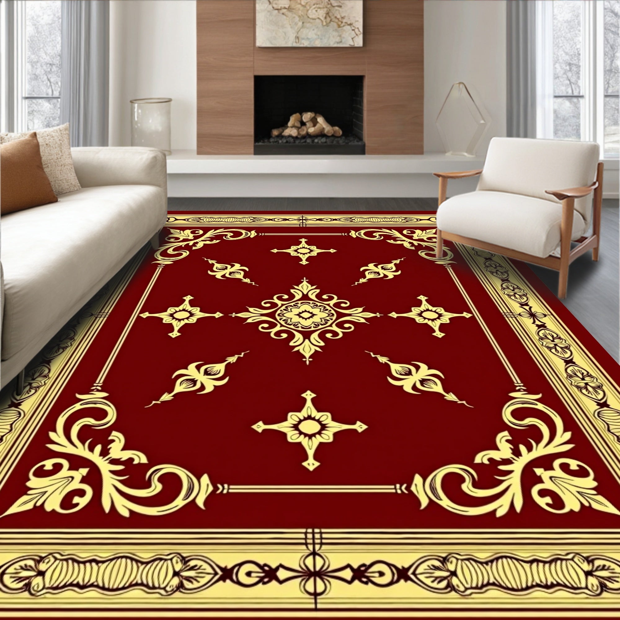 Rich Crimson Golden Ornate Floral Rug