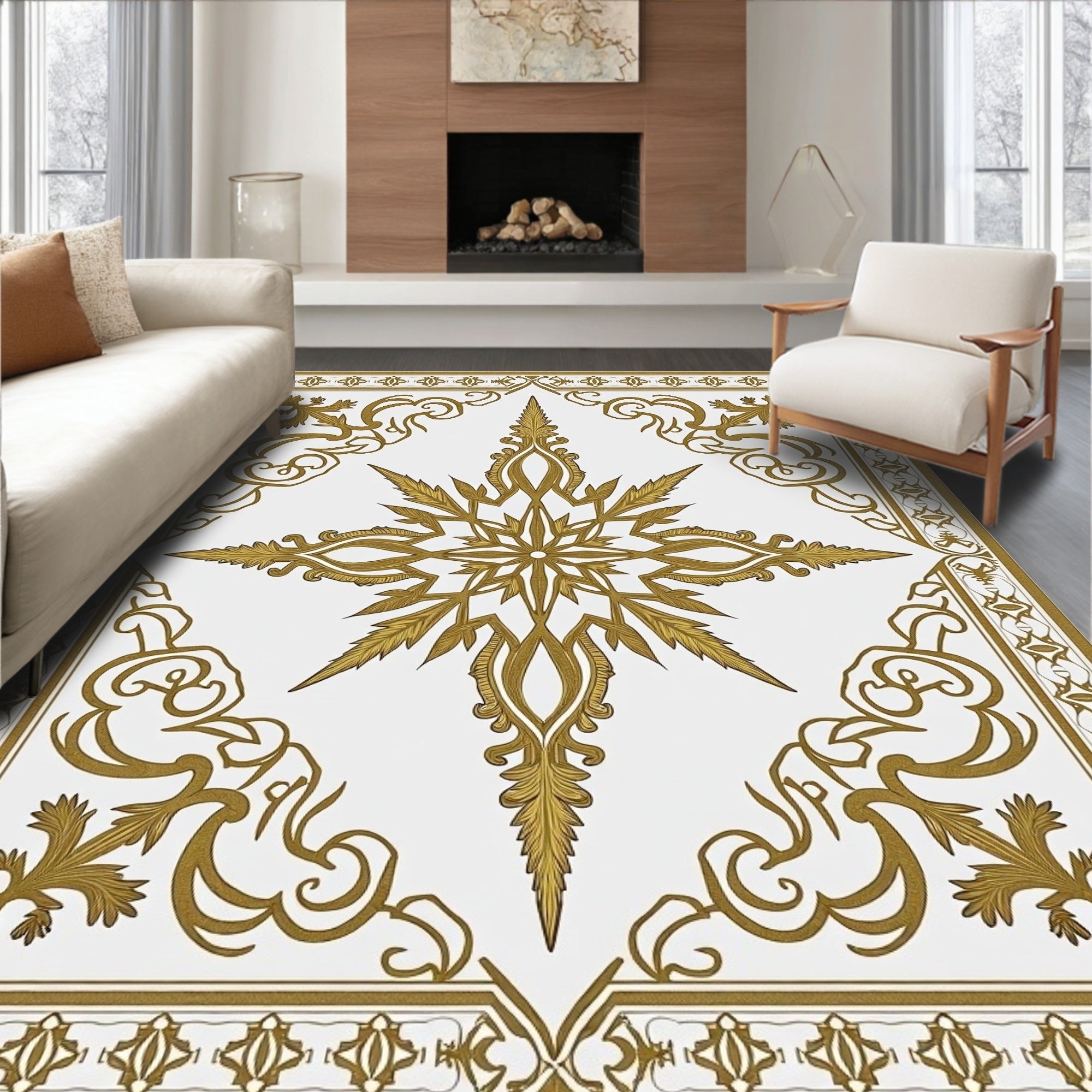 Ornate Gold Starburst Scrollwork Rug