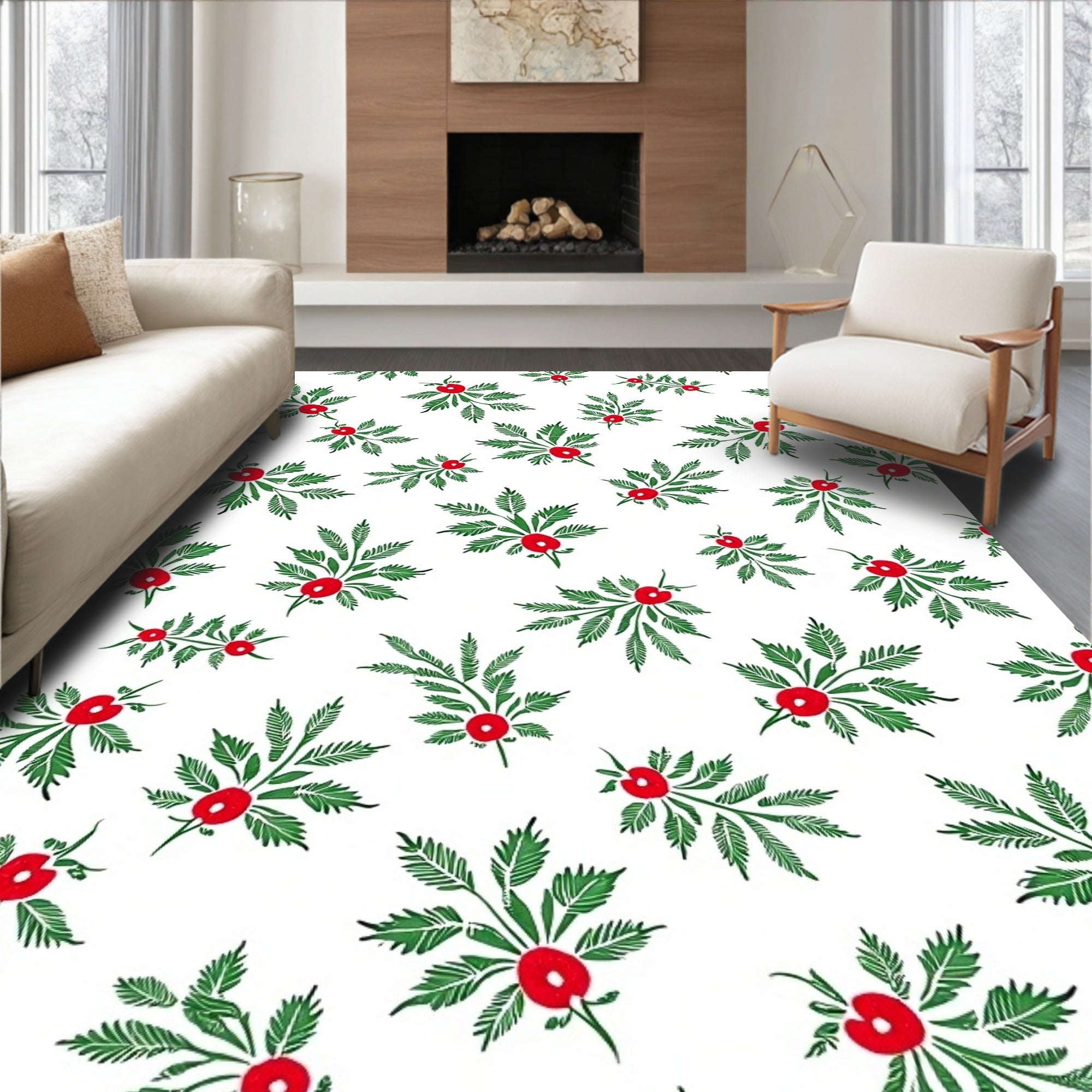 Red Berry Green Leaf Cluster Rug
