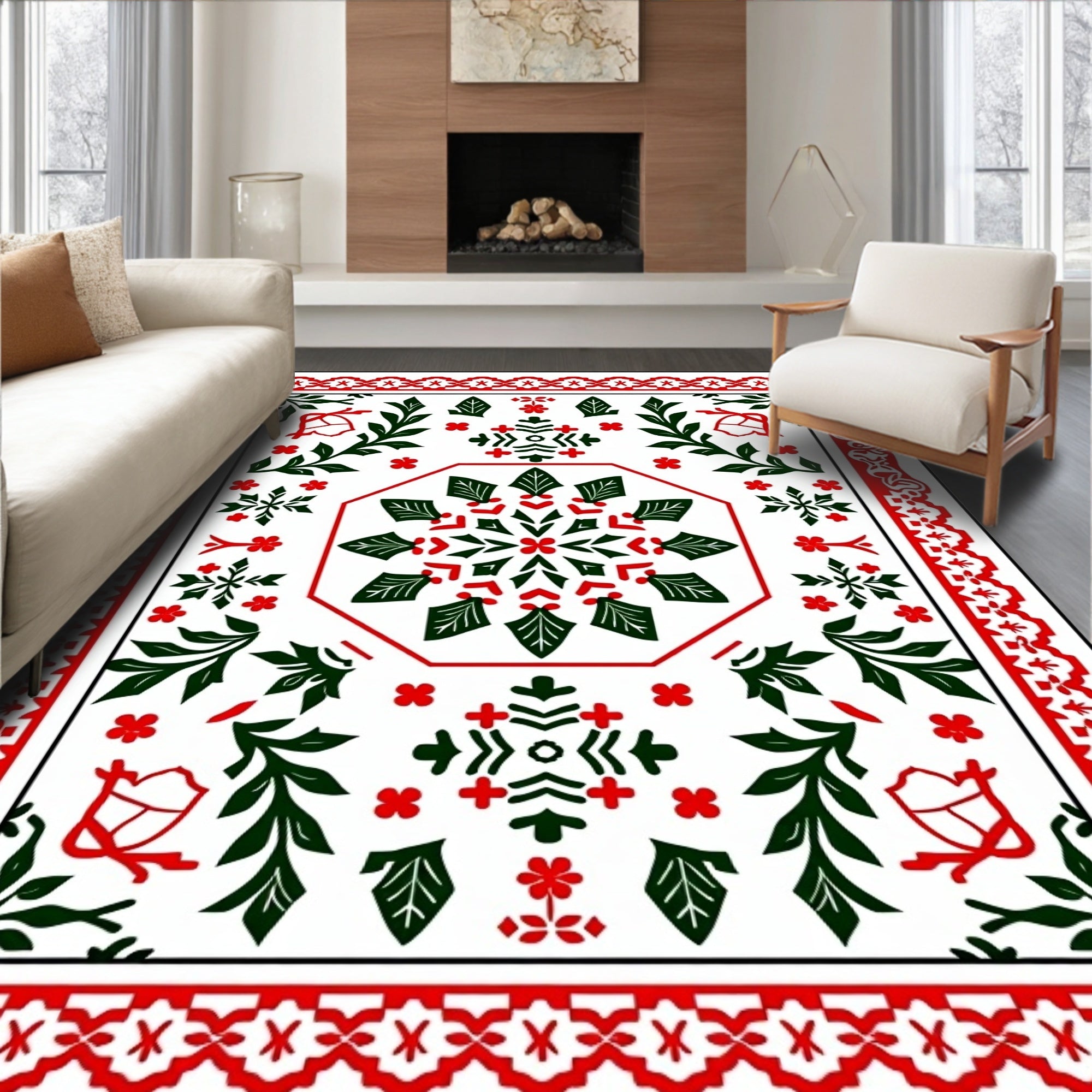 Crimson Green Floral Octagon Border Rug