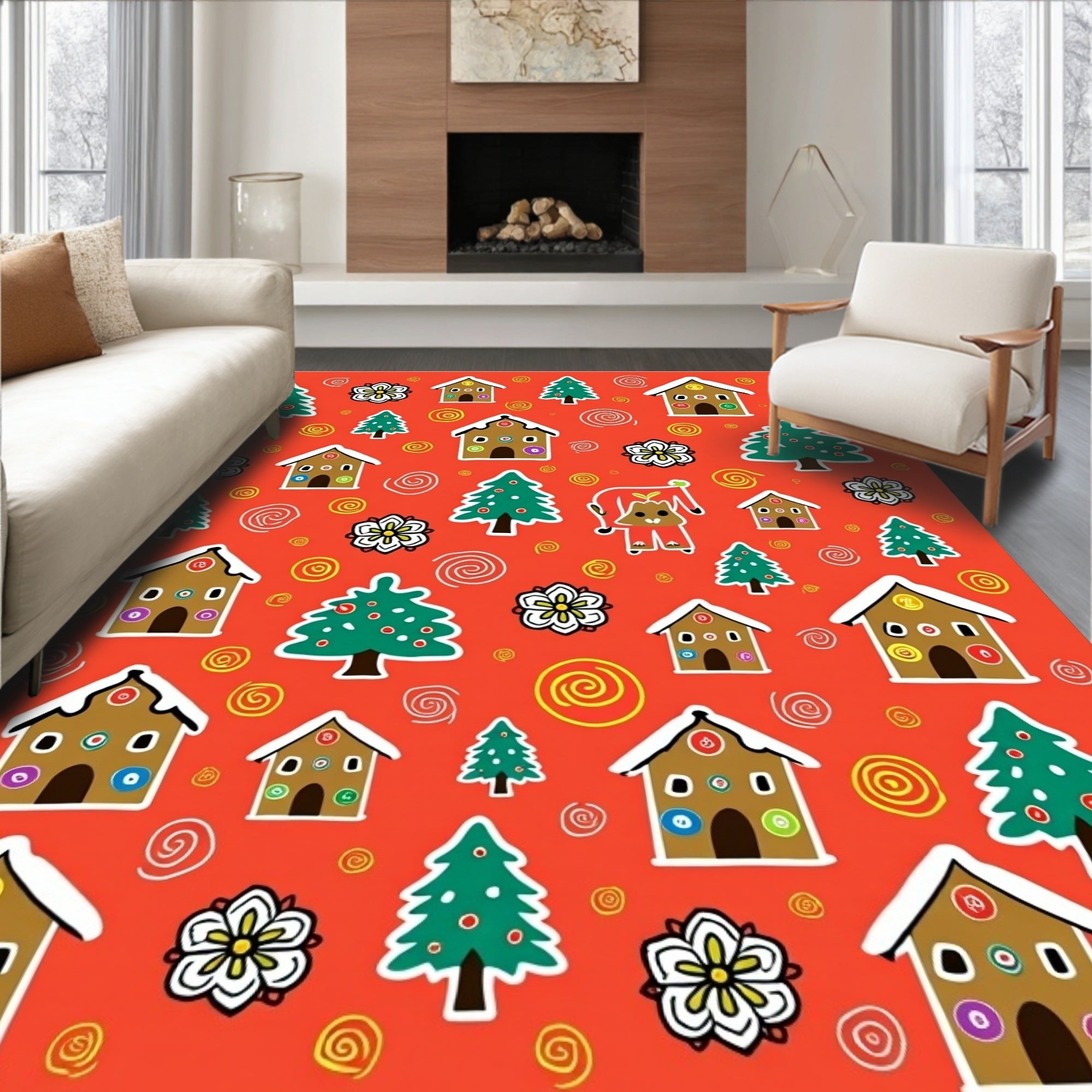 Whimsical Gingerbread Homes Holiday Trees Rug