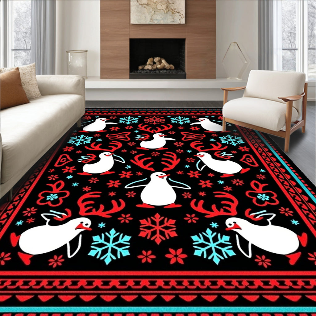Winter Penguin Snowflake Antler Medallion Rug